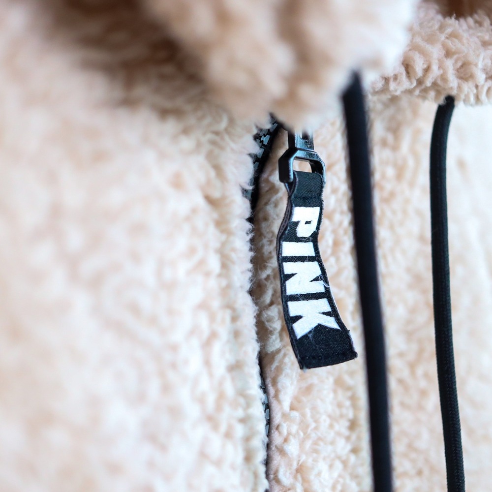 PINK‎ Victoria's Secret Sherpa Teddy Fleece Hoodie XS Beige Quarter Zip Pullover - Picture 3 of 12